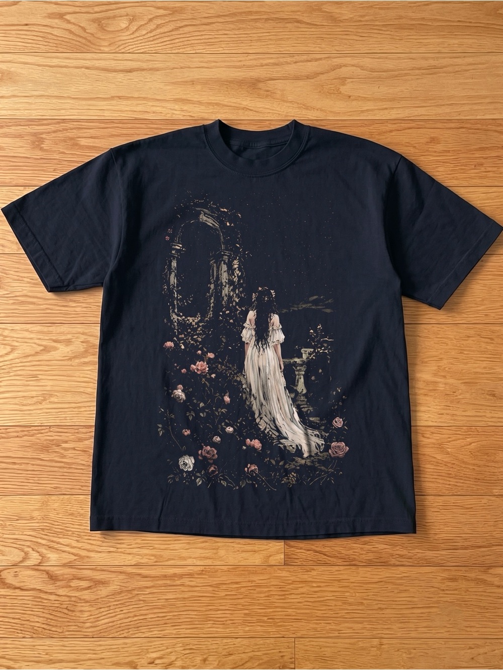 Dark Romance Ethereal Gothic Rose Garden Victorian Woman Black Graphic T-Shirt